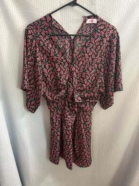 BuddyLove Floral Keyhole Tie Front Romper in Black and Pink